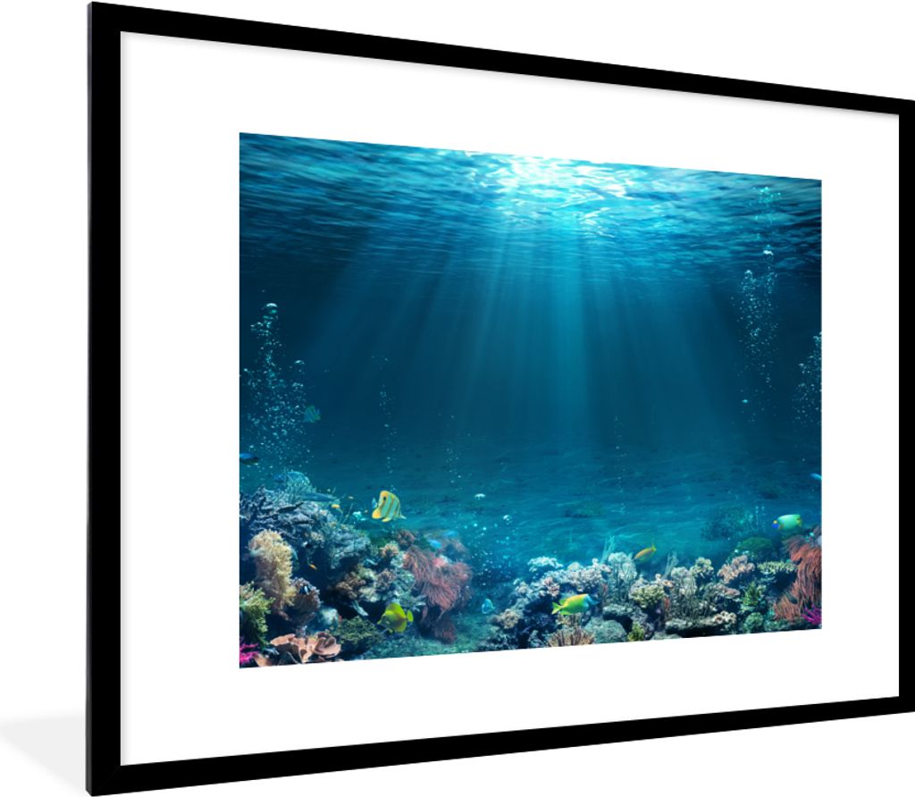 MuchoWow Gerahmtes Poster Ozean - Fische - Korallen 80x60 cm - Poster mit Schwarzem Bilderrahmen Wandposter Rahmen Foto Bilder - Schlafzimmer-Dek...