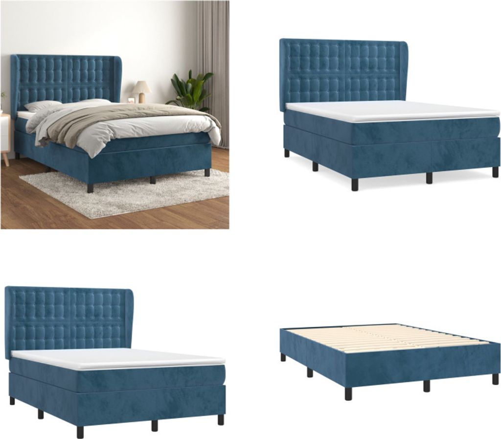 vidaXL Boxspringbett mit Matratze Dunkelblau 140x200 cm Samt - Boxspringbett - Boxspringbetten - Bett - Schlafzimmermöbel