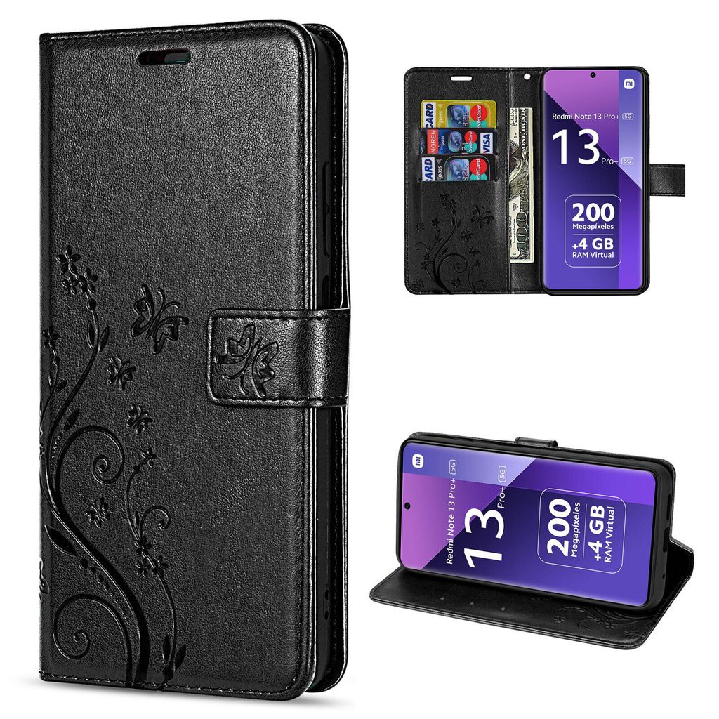 Hülle Xiaomi Redmi Note 13 Pro+ Handy Tasche Handyhülle Wallet Case Flip Cover Schwarz