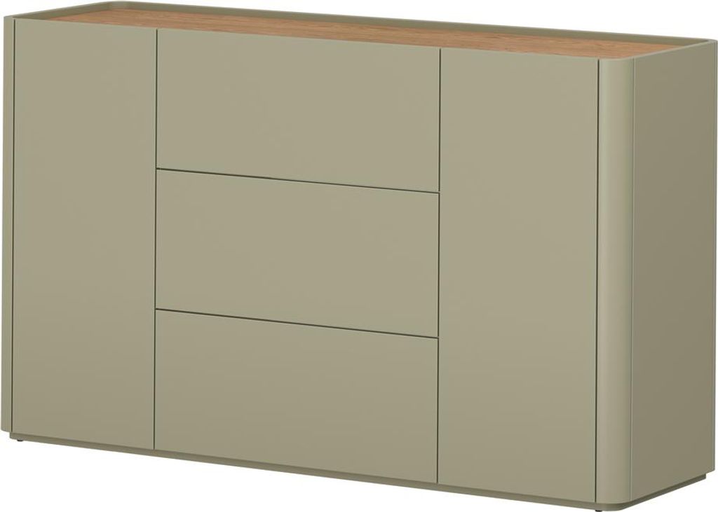Wohnzimmer Kommode mit 150 cm Breite in Grün mit Eiche, 2 Türen, 3 Schubladen - ELOY-141