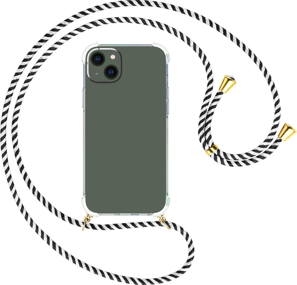 Handykette Backcover-Schutzhülle mit Band (Metall goldfarben) für Apple iPhone 15 Plus - schwarz/weiß gestreift