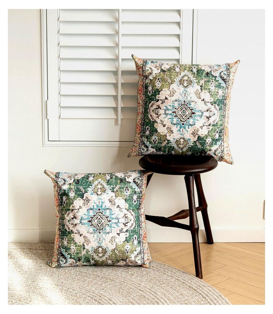 2er Set Kissenbezüge 40x40 cm Grün Boho Abstrakte Deko Vintage Kissenhüllen Doppelseitiges Muster Samt Kissen für Garten Sofa Bett