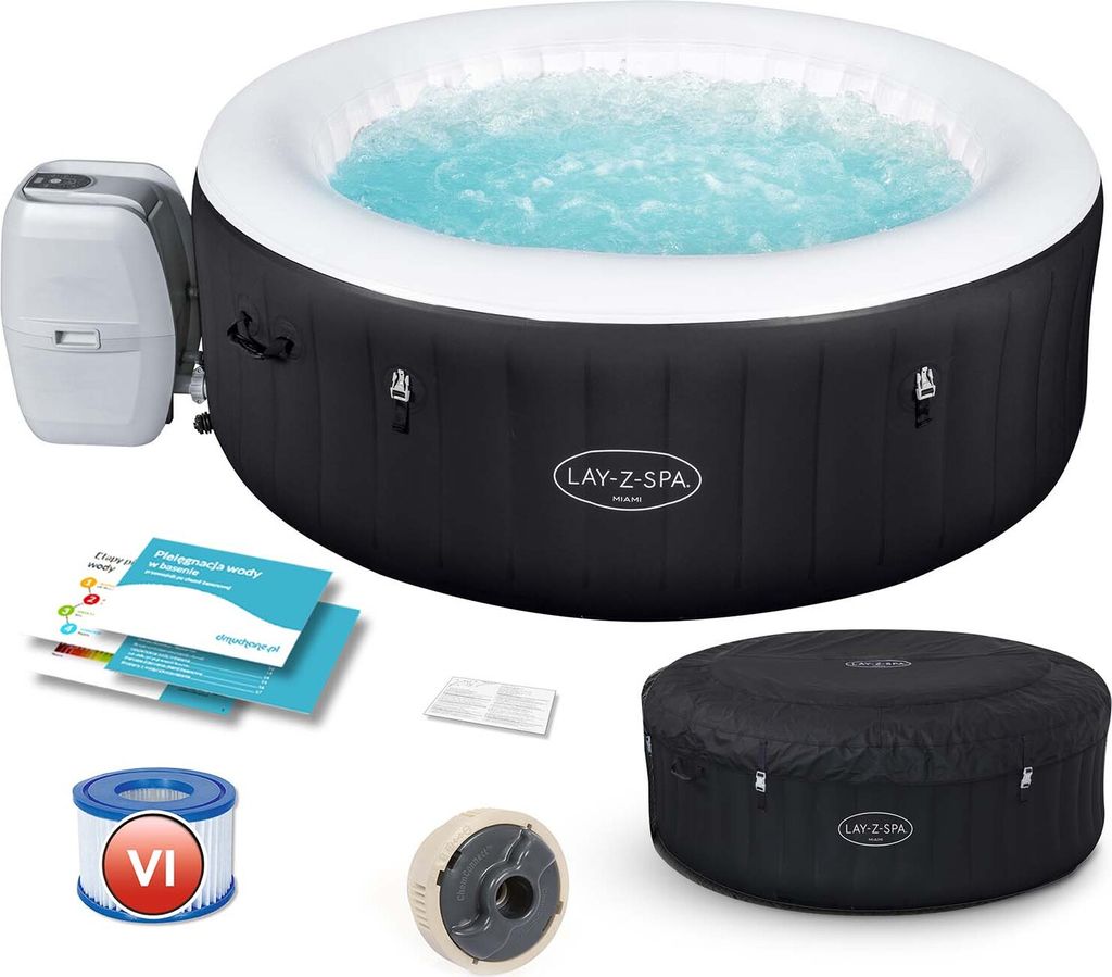 A Bestway Lay-Z-Spa Miami AirJet whirlpool and its accessories are displayed against a white background.