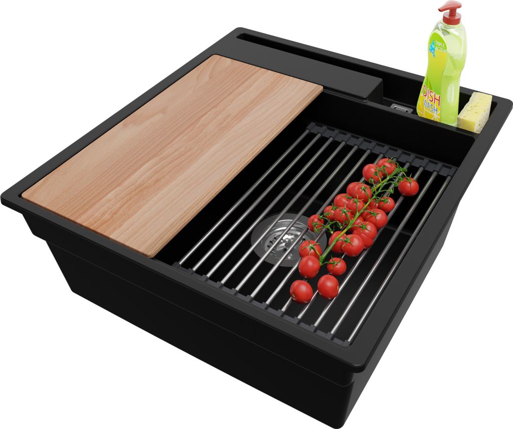 PRIMAGRAN Spülbecken Schwarz 48x53cm, Granitspüle 1 Becken + Ablauf-Set + Küchenzubehörset, Küchenspüle ab 50er Unterschrank - Oslo Pocket