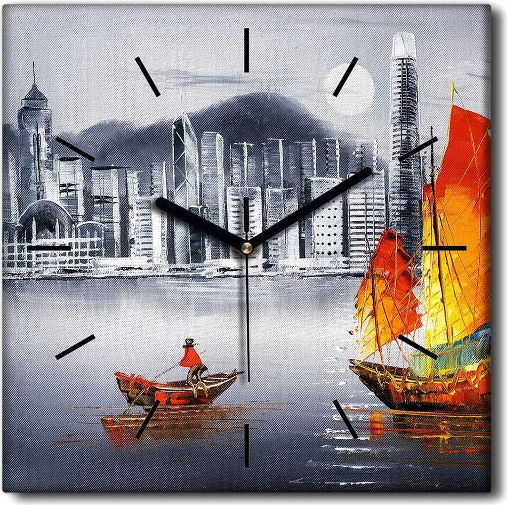 Coloray Uhr auf Leinwand 30x30 cm Wand Uhr Dekoration Wohnzimmer Segeltuch schwarze Hände -Hongkong City.