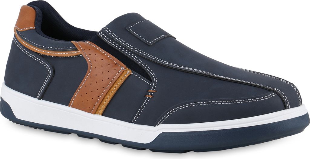 VAN HILL Herren Sneaker Slip Ons Slippers Bequeme Profil-Sohle Schuhe 840002, Farbe: Dunkelblau Hellbraun, Größe: 43