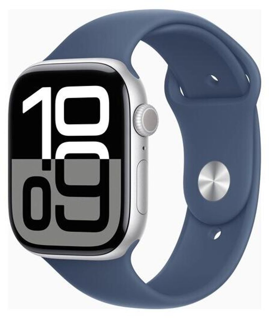 A close-up shot of an Apple Watch with a blue sport band.
