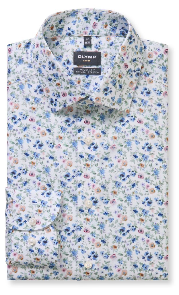 OLYMP Luxor modern fit overhemd, mouwlengte 7, dobby, wit met blauw en roze bloemetjes dessin