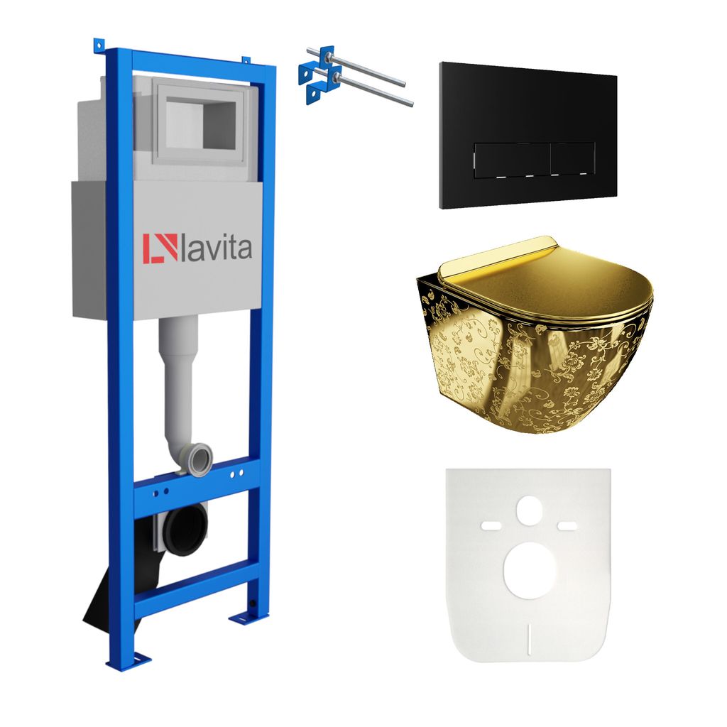 Lavita LAV 101 Vorwandelement für WC 40cm + Wand Hänge Tiefspül WC SOFI SLIM GOLDEN EYE Spülrandlos + Bedienplatte LAV 200.3.4 Schwarz | Komple...