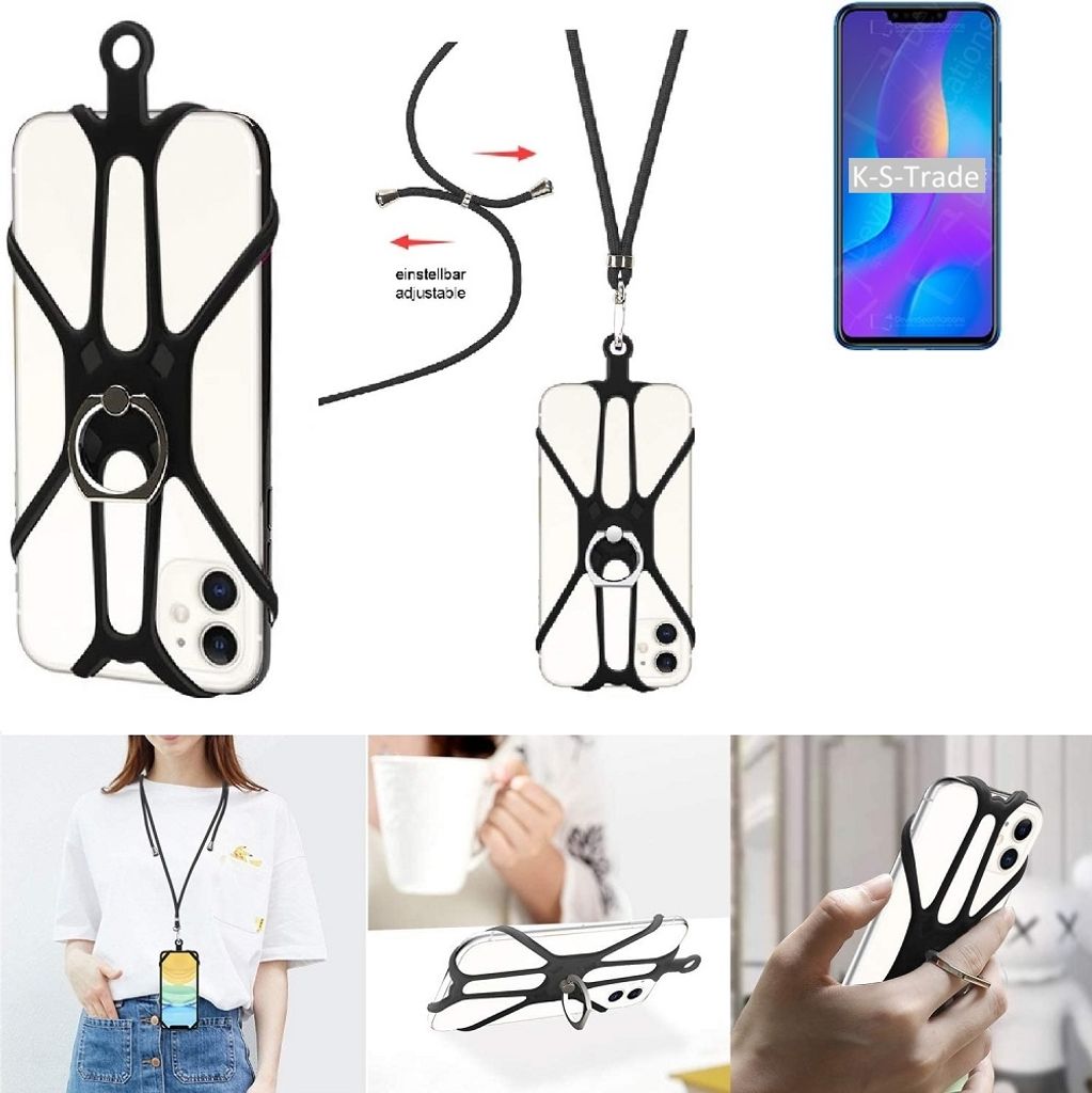 K-S-Trade 3in1 Handykette Handyband Handykordel Halsband Smartphone-Ring Handy-Ring kompatibel mit Huawei nova 3i Fingerhalterung Handyring