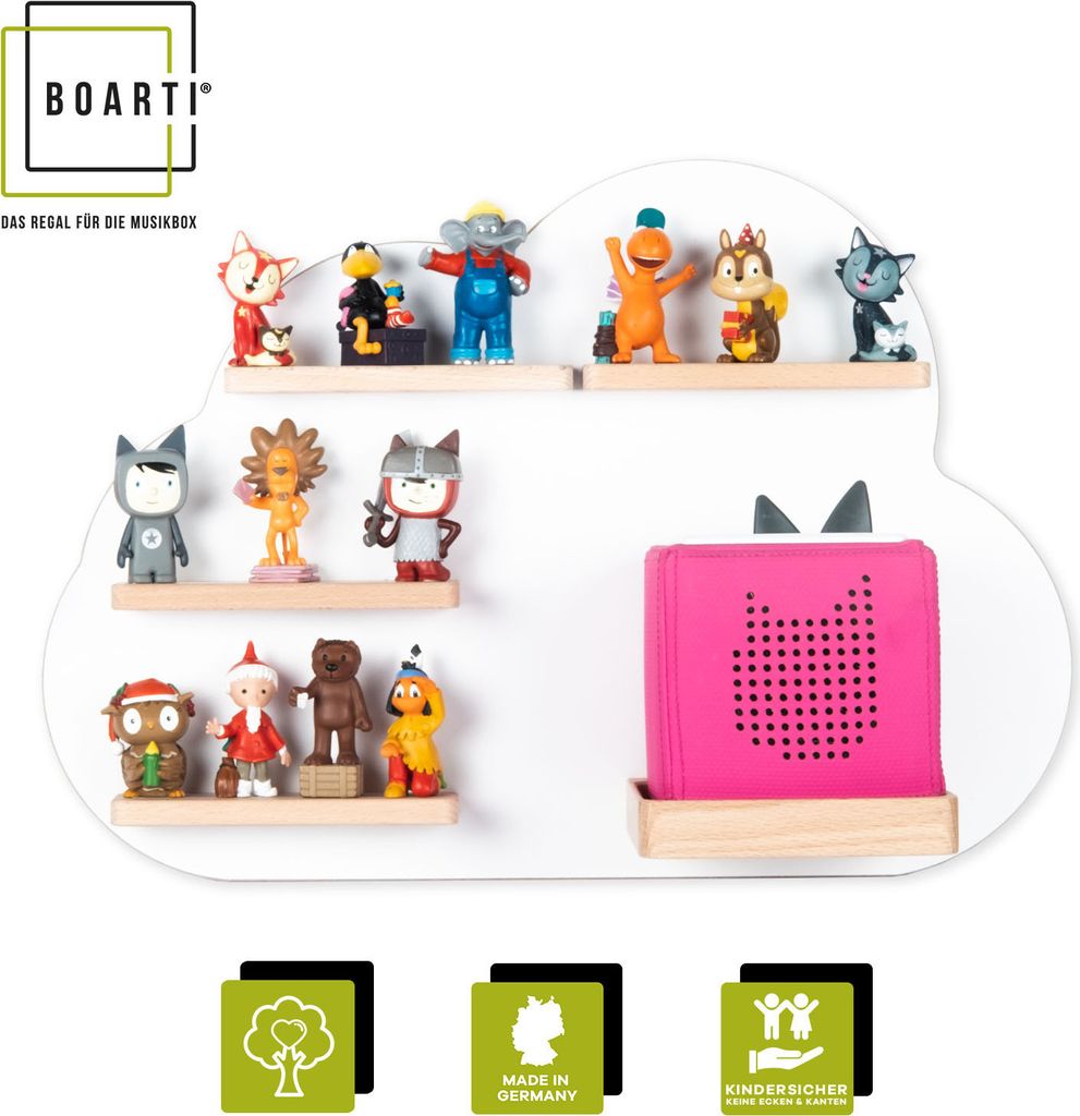 BOARTI Kinderregal Wolke | hängend für Toniebox und Tonie Figuren | platzsparendes Regal | H. 34 x B. 48 x T. 19 | Wandregal Musikbox Figuren Auf...