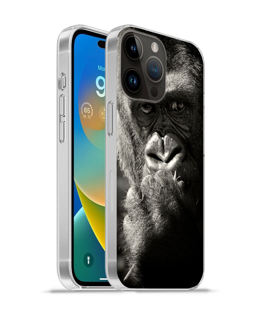 MuchoWow Handyhülle Schutzhülle Hülle für Apple iPhone 14 Pro Max Gorilla auf schwarzem Hintergrund in Schwarz und Weiß Silikon Softcase Han...