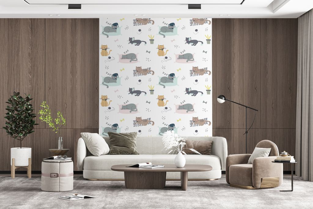 MuchoWow Fototapete für Wohnzimmer oder Schlafzimmer Wandtapete Vinyl Motivtapete Katzen - Haustiere - Muster - 190x260 cm - Papiertapete