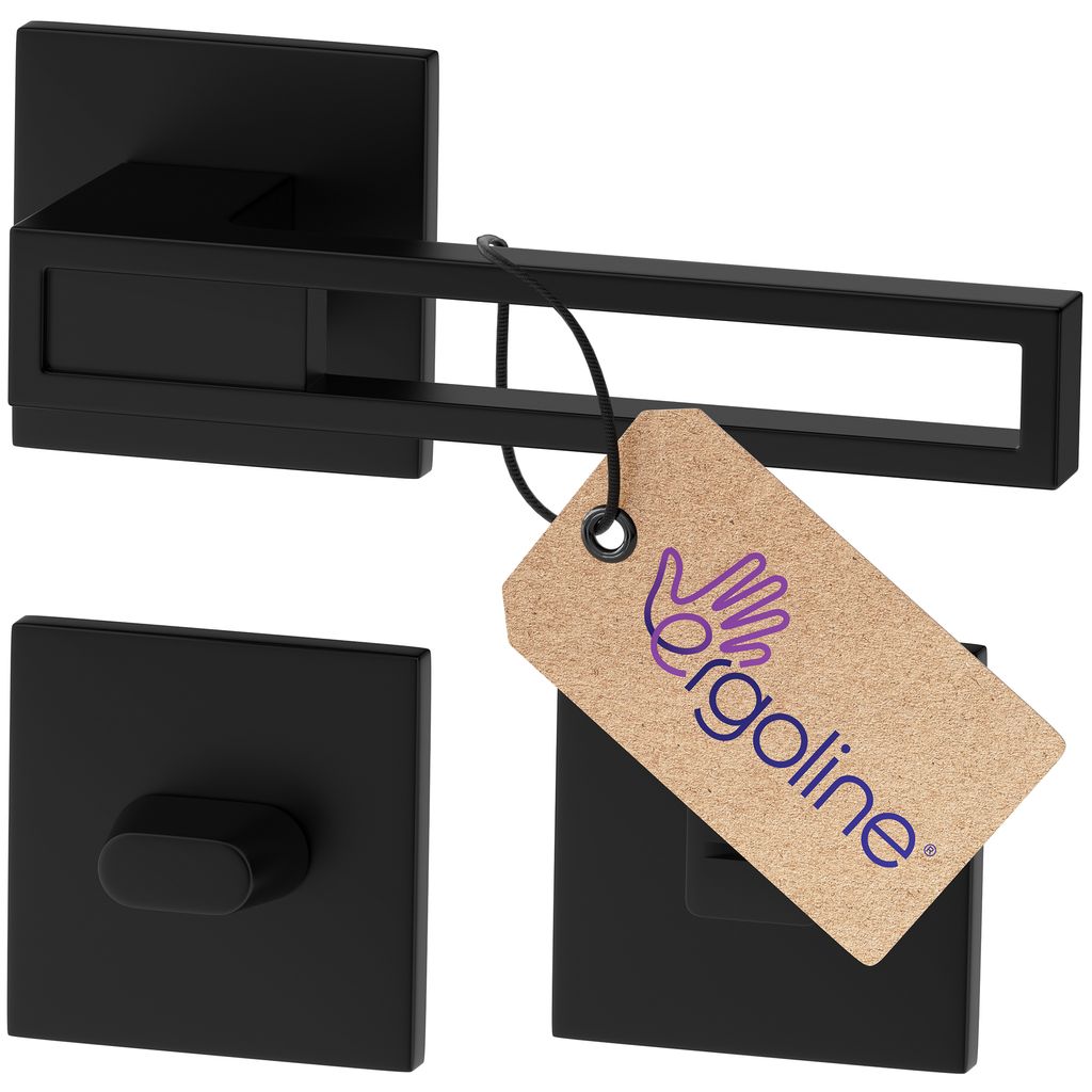 A black door handle set with a tag attached.