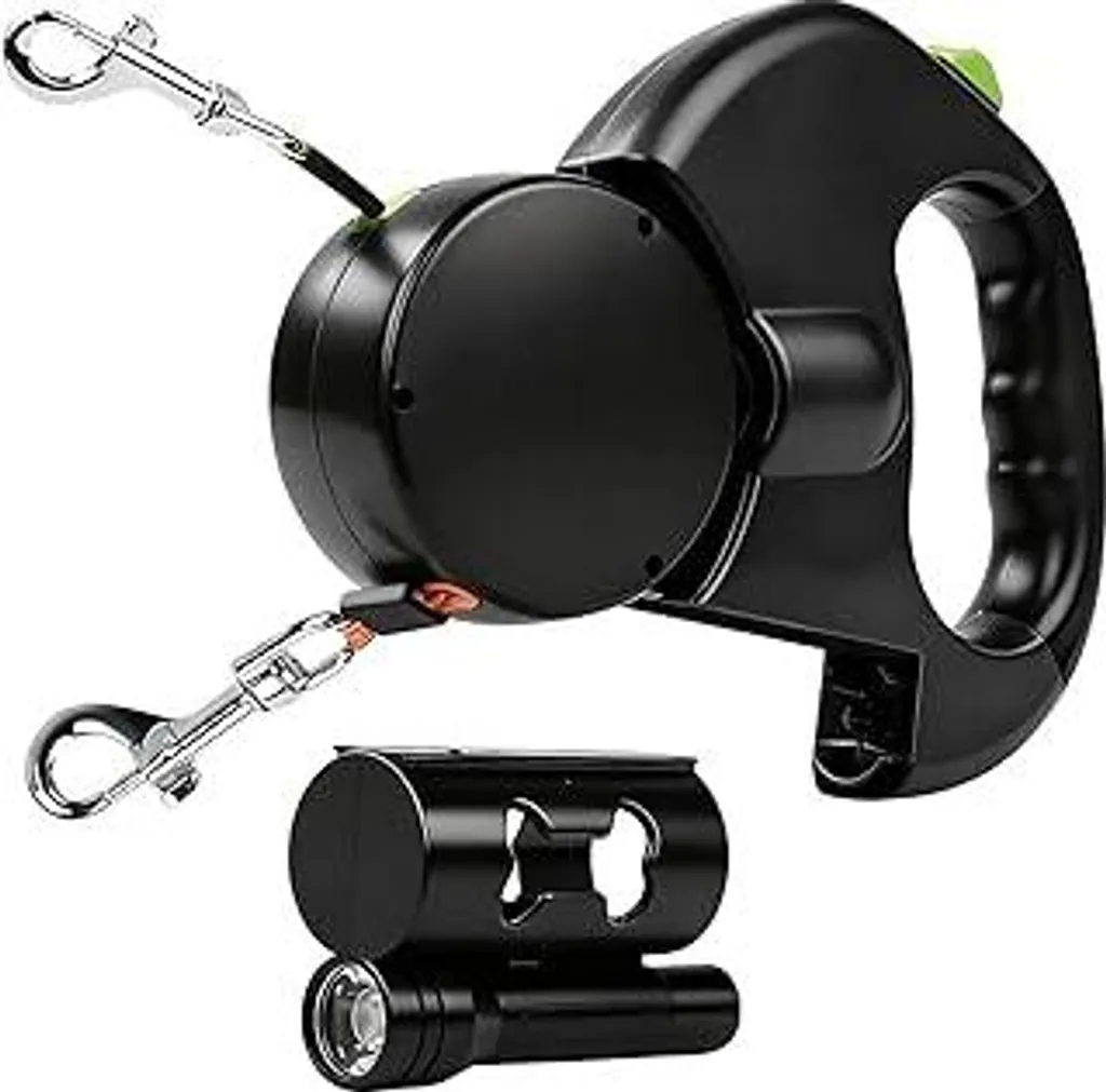 Guinzaglio Automatico 2 Cani Retrattile - Luce LED e Porta Sacchetti