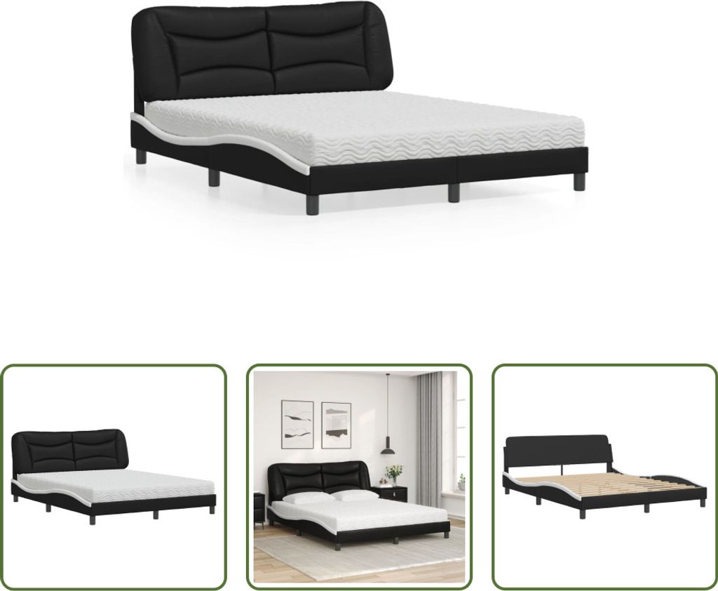 The Living Store Bett mit Matratze Schwarz und Weiß 160x200 cm Kunstleder