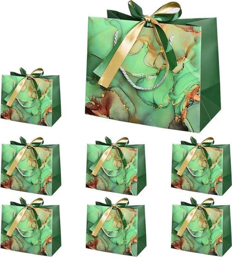 Pochettes cadeaux marbrées vertes - Sacs papier luxe avec ruban de satin