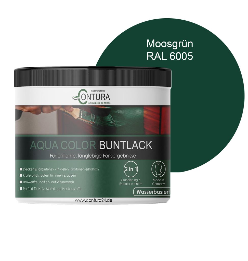 Contura 250ml. Buntlack Lackfarbe Lack Außen Innen Holz Metall Farbe Holzlack Möbellack - RAL 6005 Moosgrün