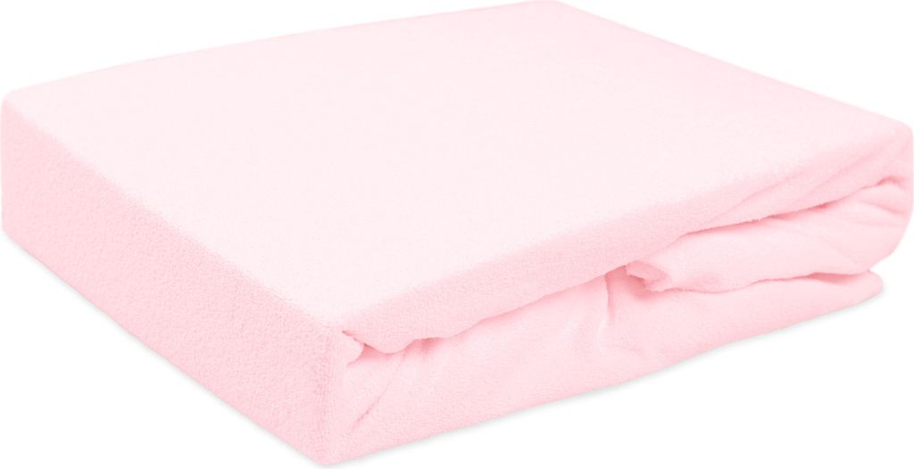 A folded pale pink fitted sheet on a white background.