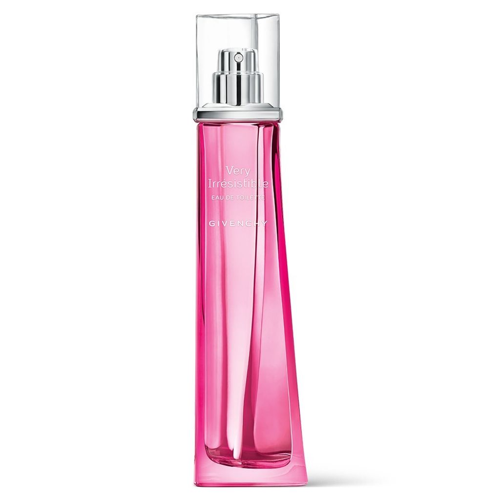 A pink perfume bottle with a clear cap and silver spray nozzle, presented on a white background.
