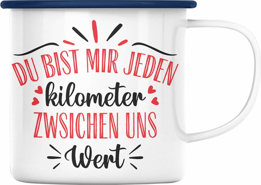 Trendation - Fernbeziehung Geschenk für Ihn Sie Emaille Tasse mit Spruch Valentinstag Geburtstag Geschenk Freund (Blau)