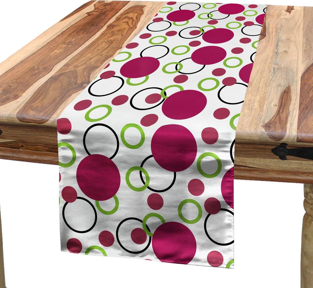 ABAKUHAUS Rosa und Grün Tischläufer, Geometrische Retro Komposition mit Kreisen und Punkten Spotty Pattern, 40 x 180 cm, Dark Pink Grün Schwarz