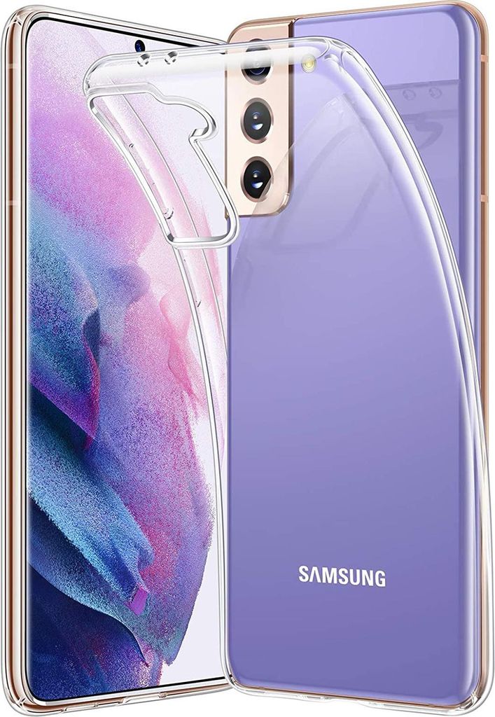 A clear protective case is shown on a purple Samsung Galaxy S21 Plus phone.