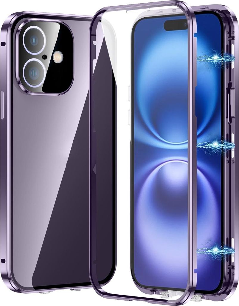 Für Apple iPhone 16 Plus Handy Tasche 360 Magnet Glas Bumper Metall Hülle Etuis Case Cover
