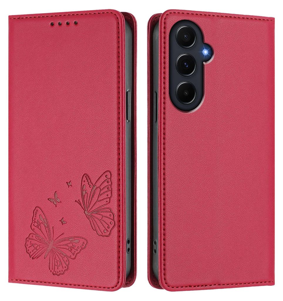Lederhülle für Samsung Galaxy A55, Schmetterling Prägung Leder Brieftasche Schutzhülle mit Ständer Rot