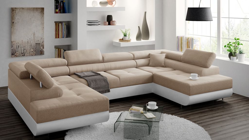 MINIO Polsterecksofa mit Ausklappfunktion und Stauraum MANILA U INARI | Beige / Weißes