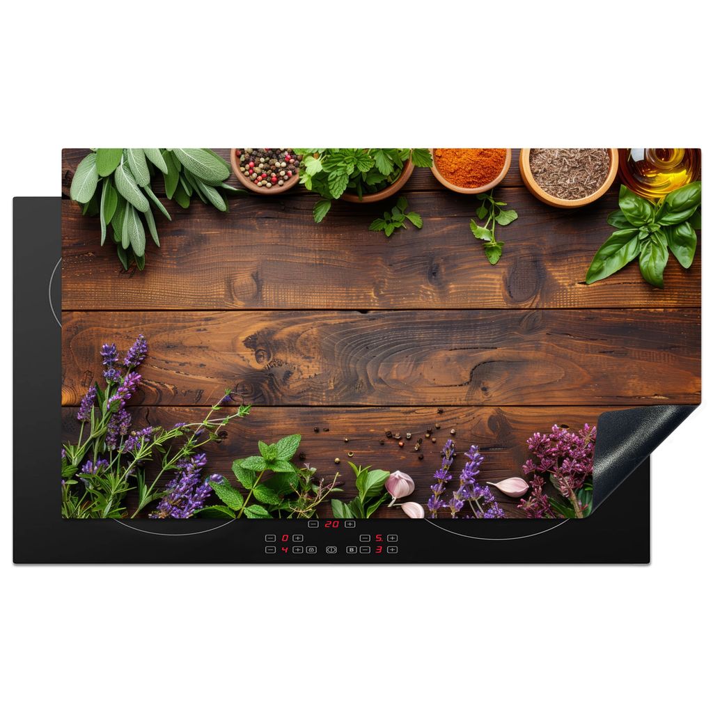 KitchenYeah Herdabdeckplatte Kräuter - Gewürze - Holz , 91x52cm, Küche Deko, Glaskeramikkochfeld Herdabdeckung, Abdeckplatte fùr Kochfeld