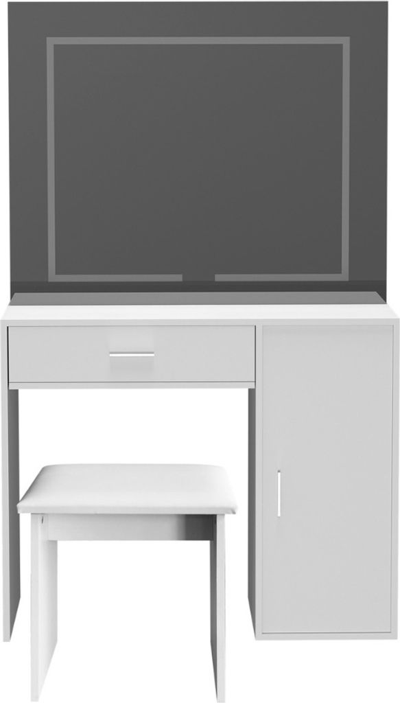 A white vanity table with a mirror and a stool, set against a white background.