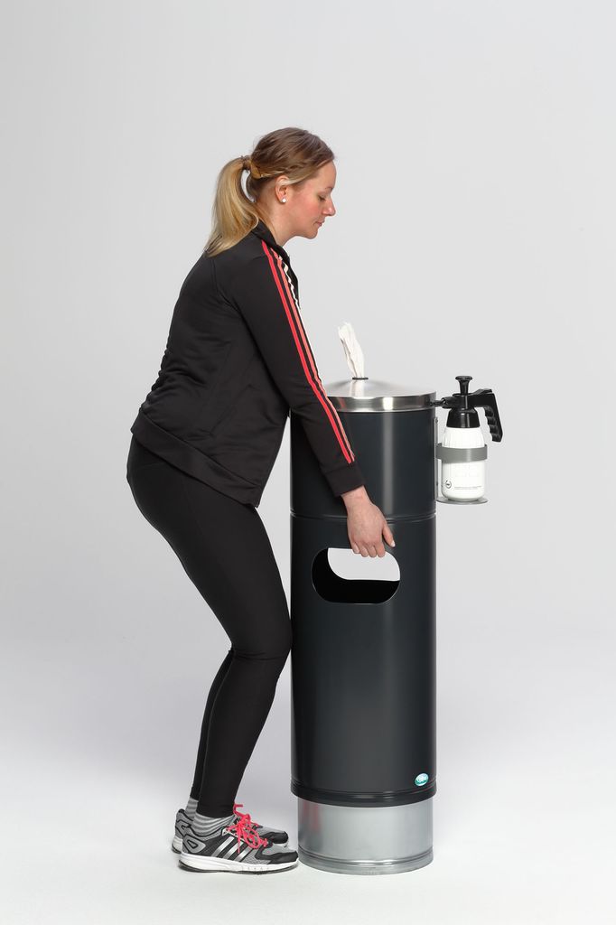 Desinfektionsstation für Papiertücher mit Flaschenhalter & Inneneinsatz | 32 Liter, HxBxT 90x46x35cm | Verzinkter Stahl | Anthrazit