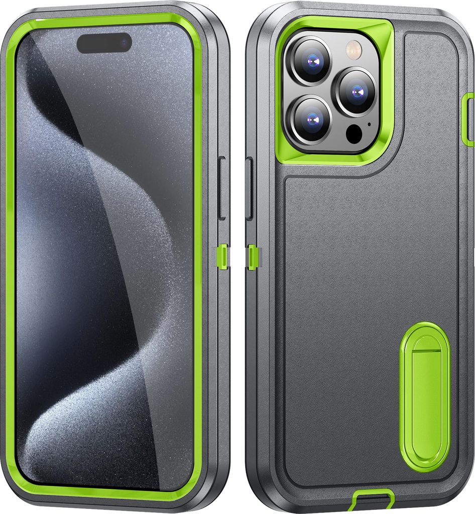 Hülle für iPhone 15 Pro Hybrid Dreilagige Robust Stoßfest Schwerlast Schutzhülle mit Ständer Grau