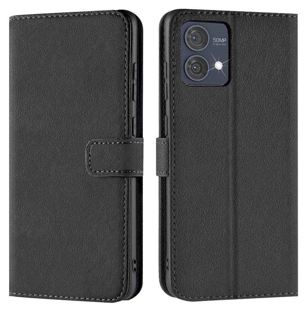 A black flip case for a smartphone is shown from the front and back.