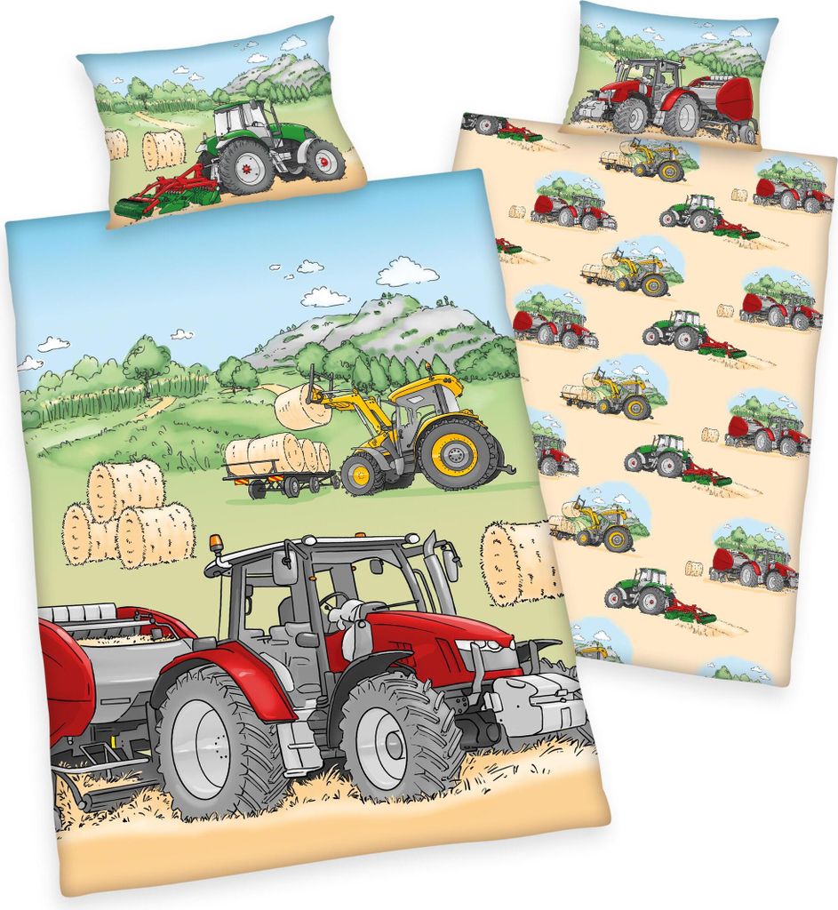 A collection of bedding items featuring cartoon-style illustrations of tractors and farm scenes.