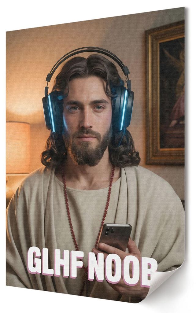 Jesus, der Spieler- Kunstdruck A1 (59x84 cm) - Humorvoll, Popkultur- Wandbild für Wohnzimmer Schlafzimmer & Flur, Modernes Poster Wanddeko, Ungerahmt