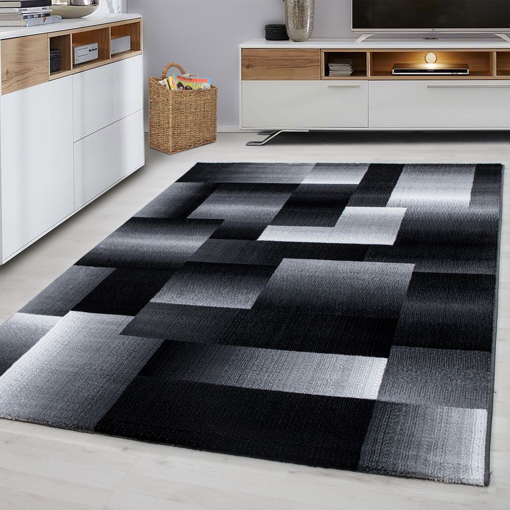 Kurzflorteppich Abstrakt-Karo Pflegeleicht Waschbar Strapazierfähig | Schwarz 140x200 cm Wohnzimmer Fußbodenheizung | ASPEN – Kadima Design