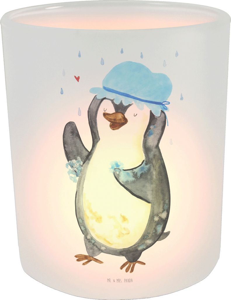 Mr. & Mrs. Panda Kerzenhalter Glas Pinguin Duschen - Transparent - Geschenk, Baden, Duschkonzert, Singen, Teelichthalter, Windlicht, Dusche, Outdoo...
