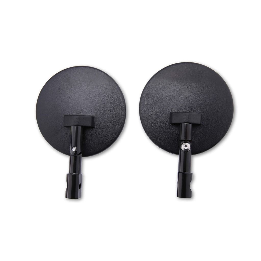 Two black motorcycle mirrors are shown against a white background.