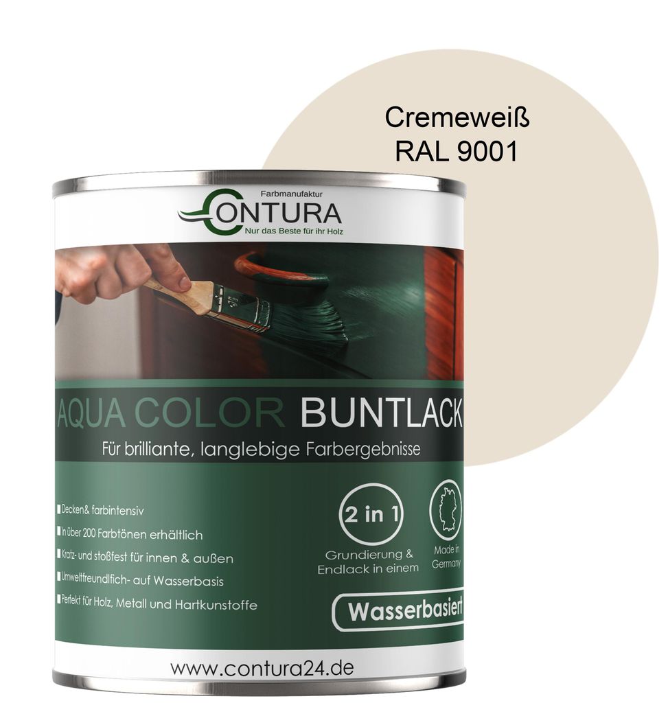 Contura 750ml. Buntlack Lackfarbe Lack Außen Innen Holz Metall Farbe Holzlack Möbellack - Seidenmatt - RAL 9001 Cremeweiß