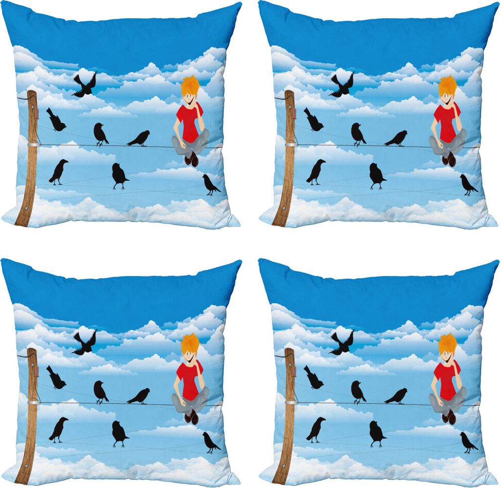 ABAKUHAUS Vogel auf dem Drahtseil Kissenbezug Set (4 Stück), Junge und Avian Himmel, Moderner Doppelseitiger Digitaldruck, 40 cm x 40 cm, Azure Bl...