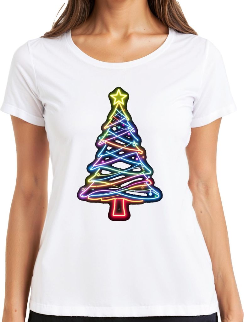 Neon Weihnachtsbaum Leuchtend Bunt Stern Neonlicht Weihnachten Damen T-Shirt, Weiß, 3XL
