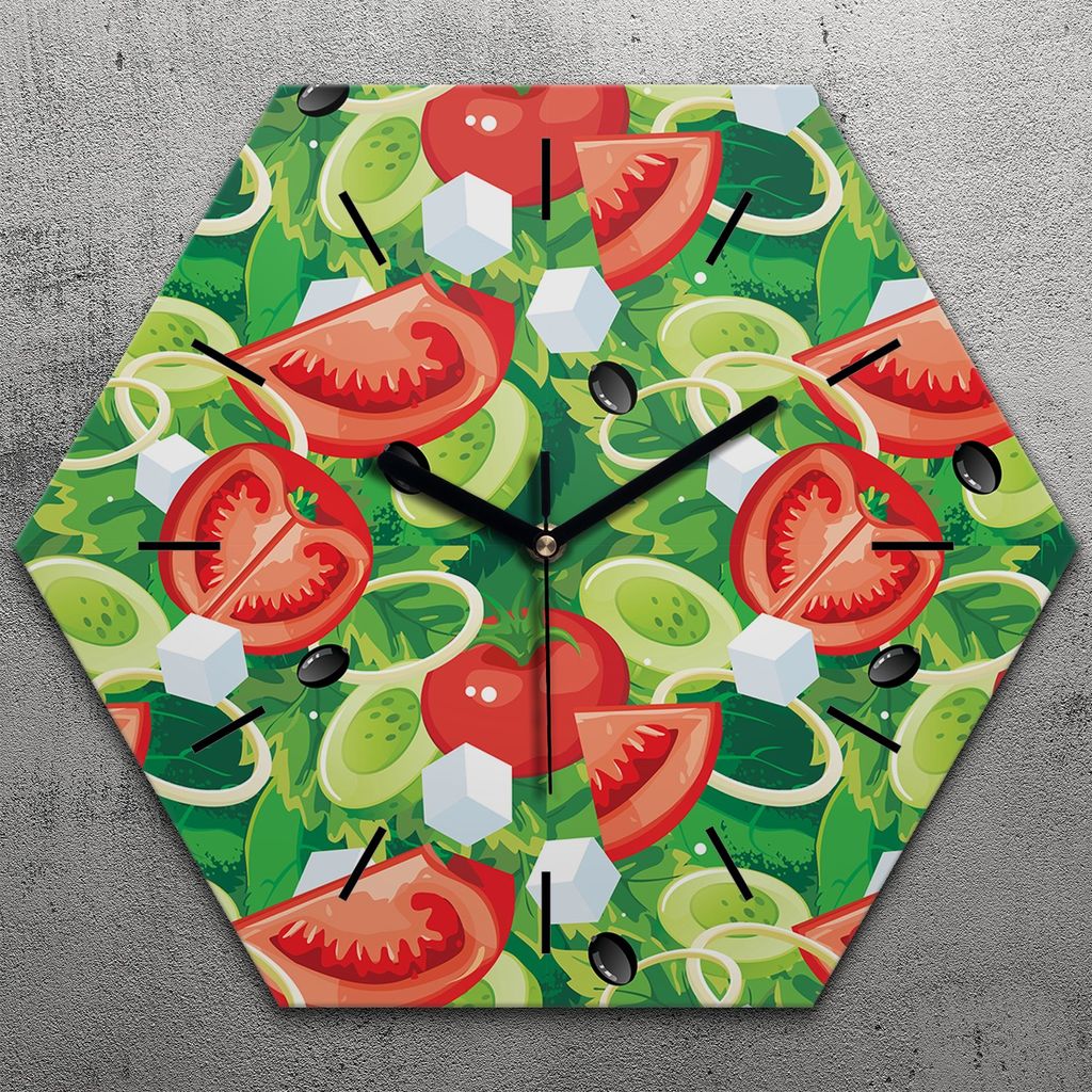 Uhr hexagonal 40 cm Glas Geräuschlos schwarze Zeiger - Kopfsalat Tomaten Salat