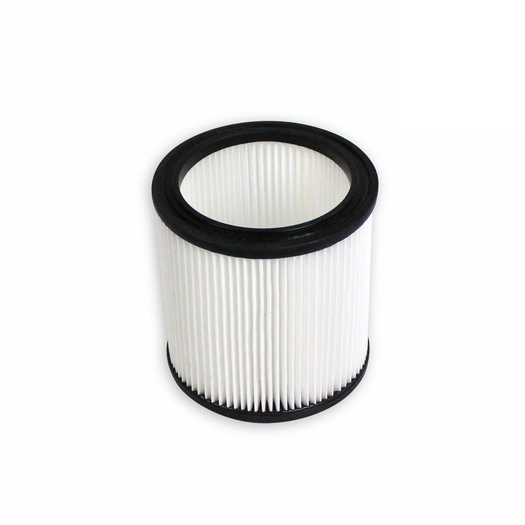 A round, pleated filter with a black rim on a white background.