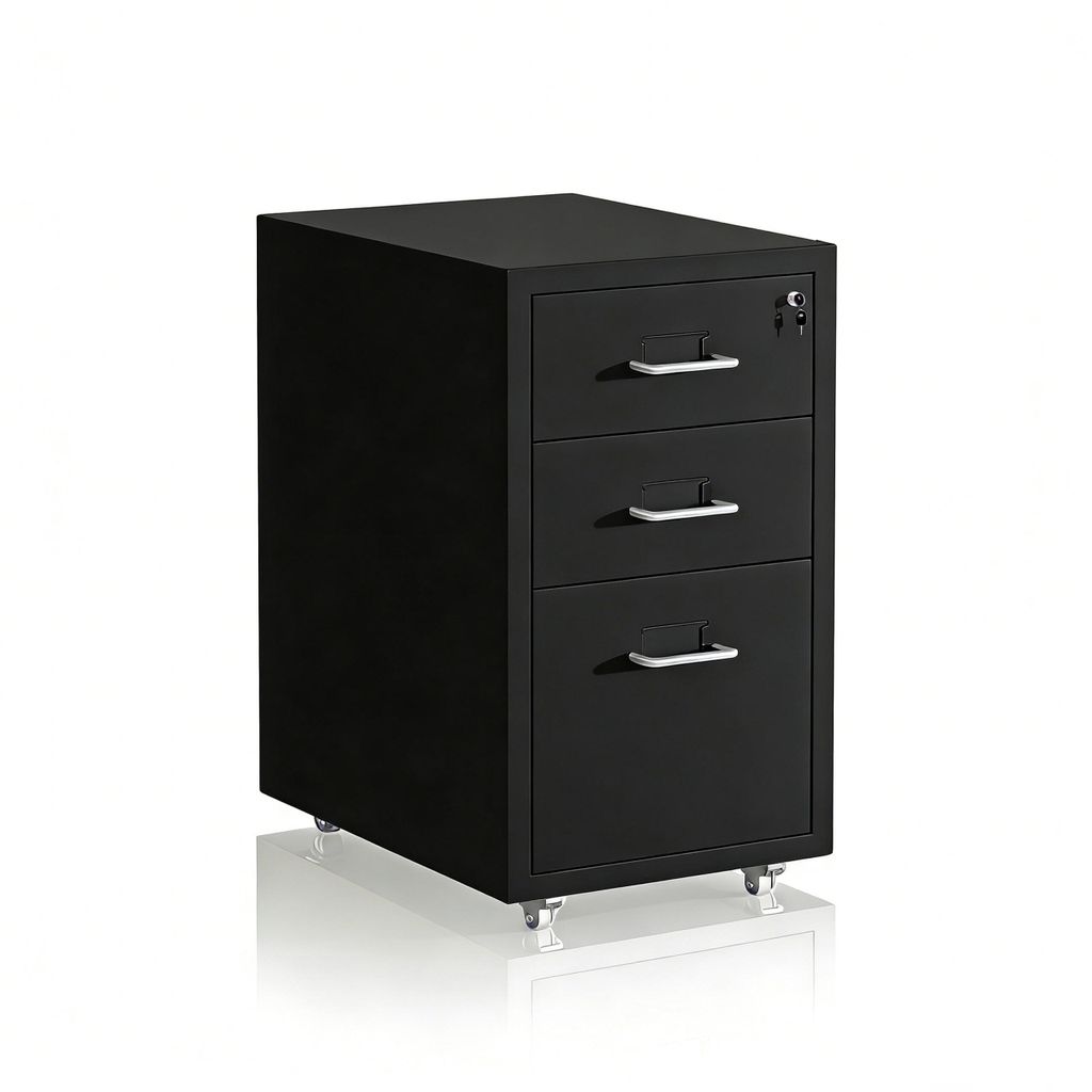 Relaxdays Rollcontainer, 3 Schubladen, HxBxT: 45,5 x 28 x 41 cm, abschließbar, Aktenschrank auf Rollen, Metall, schwarz