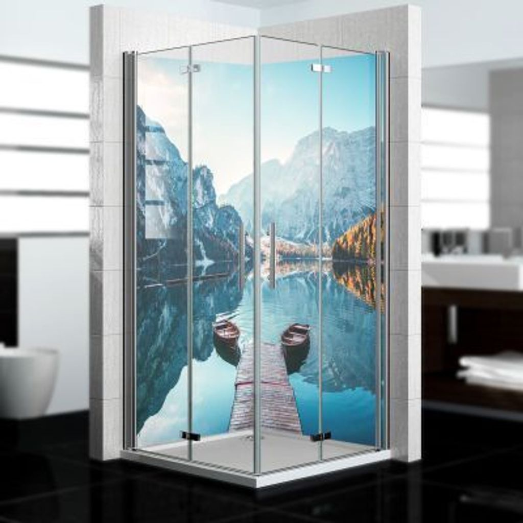 dedeco Eck-Duschrückwände Aluminium wasserfest Motiv: Berg V4, Nano-Protect hochglänzend, 2 x 80x200x0,3cm, Fliesenersatz fugenlos Wandverkleidu...