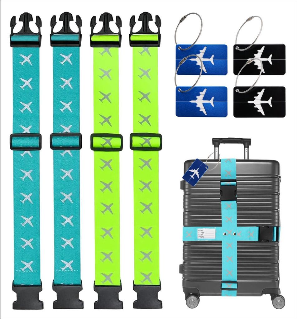 A collection of luggage straps and tags, with one strap attached to a suitcase.