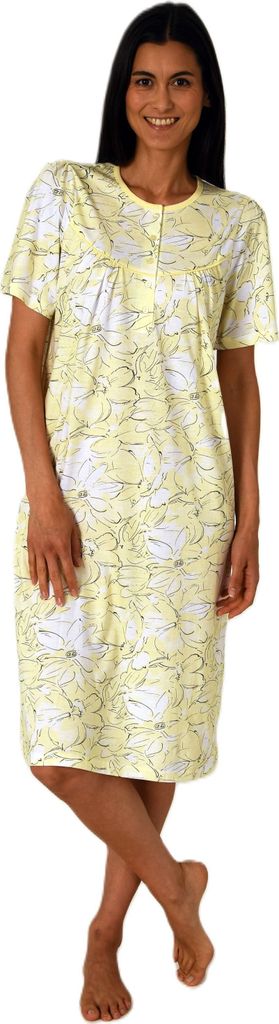 Normann Damen kurzarm Nachthemd in klassischer floraler Optik mit Knopfleiste am Hals ; vanille , 52