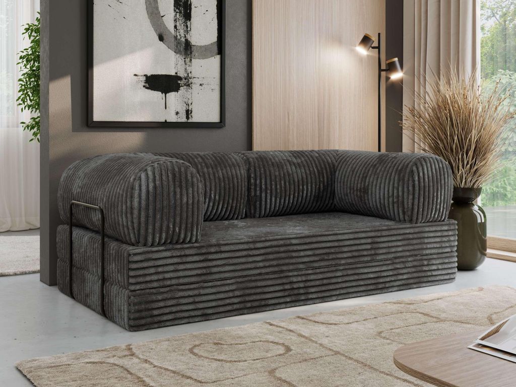 MKS MEBLE Schlafsofa 3-Sitzer ORSETTO 200 cm Sofa mit Schlaffunktion & Metallrahmen Modernes Design Ausziehcouch, HR-Schaum - Dunkelgrau Cord